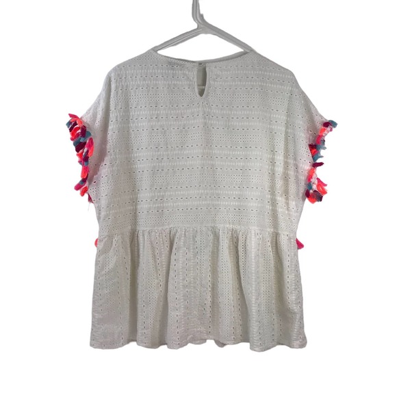 Andree by Unit Eyelet White Cotton Top Neon Multicolor Fringe Tassels Size 1X - Picture 2 of 11